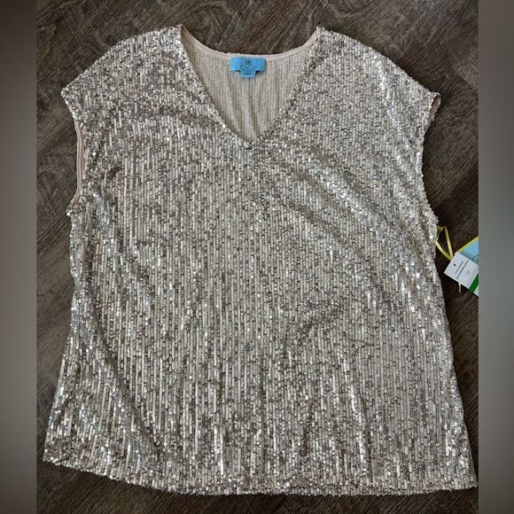 CeCe Sequined V-Neck Cap-Sleeve Silver Blouse-Size Large - Picture 1 of 6